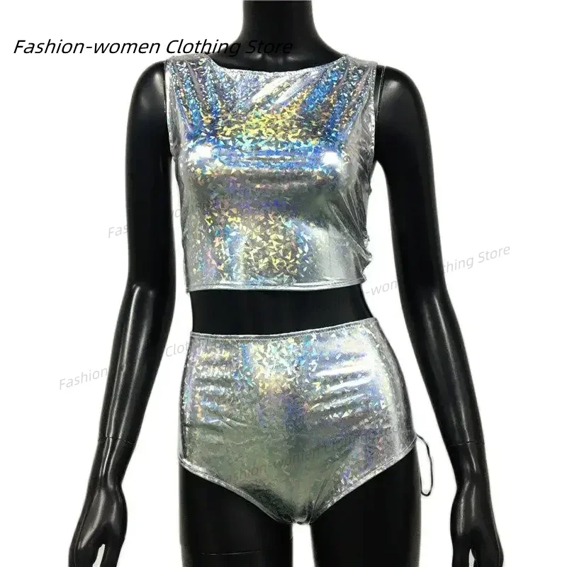 Holographic Reflect Festival Rave Outfits Sleeveless Tank Tops Super Shorts Pant Nightclub Carnival Party Women 2 Piece Sets