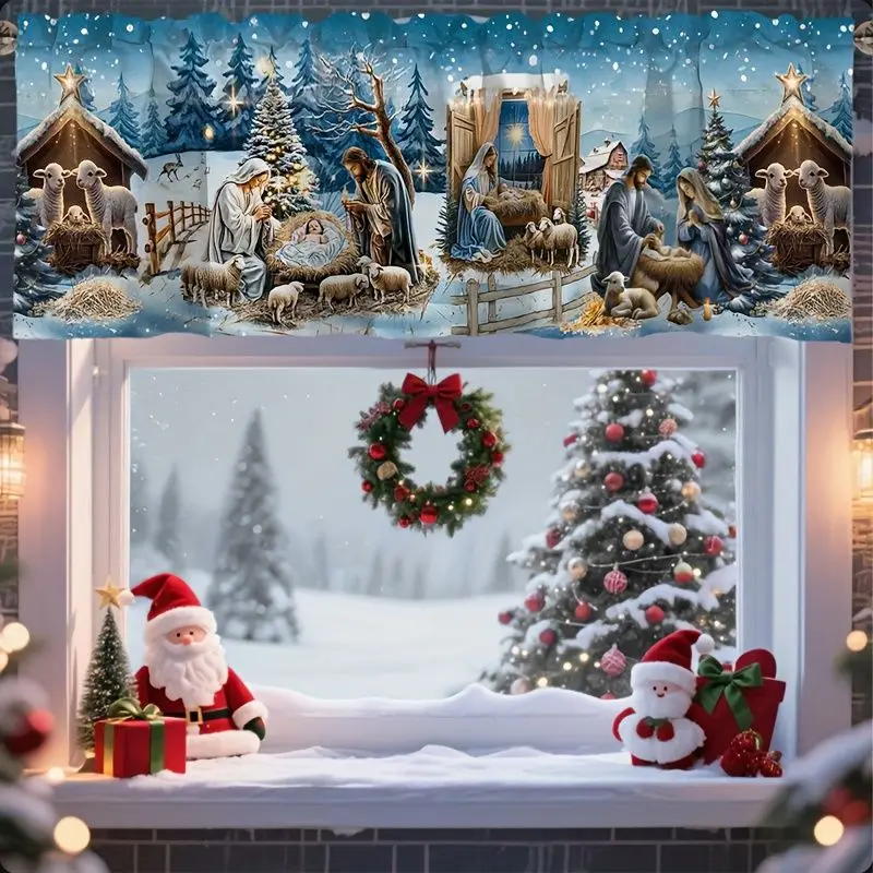 VIKAMA Blue Nativity Scene Holy Family Sheep Stable Star Christmas Short Window Curtain Religious Winter Festive Home Decor Warm