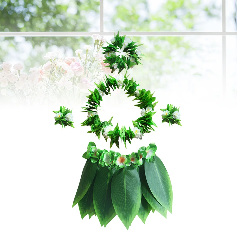 Jupe tropicale à motif de feuilles vertes, 5 pièces, pour danse Hula, Costume pour enfants, vêtements de fête, décoration hawaïenne Luaus pour célébration de mariage