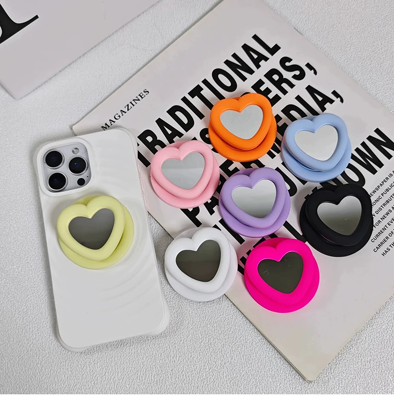 Koreanischer süßer 3D-Liebesherz-Make-up-Spiegel für Magsafe Griptok-Halter, Handy-Fingerring-Ständer, Halterung für iPhone 17 18, Mädchen-Halterung – Detail 1
