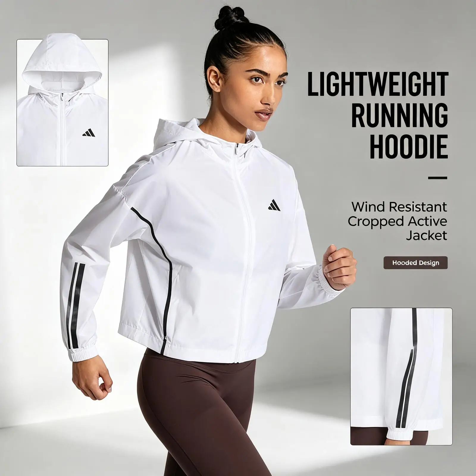 New Adidas White Cropped Hooded Running Jacket Women Lightweight Windbreaker Full-Zip Activewear for Training Jogging Outdoor Sp