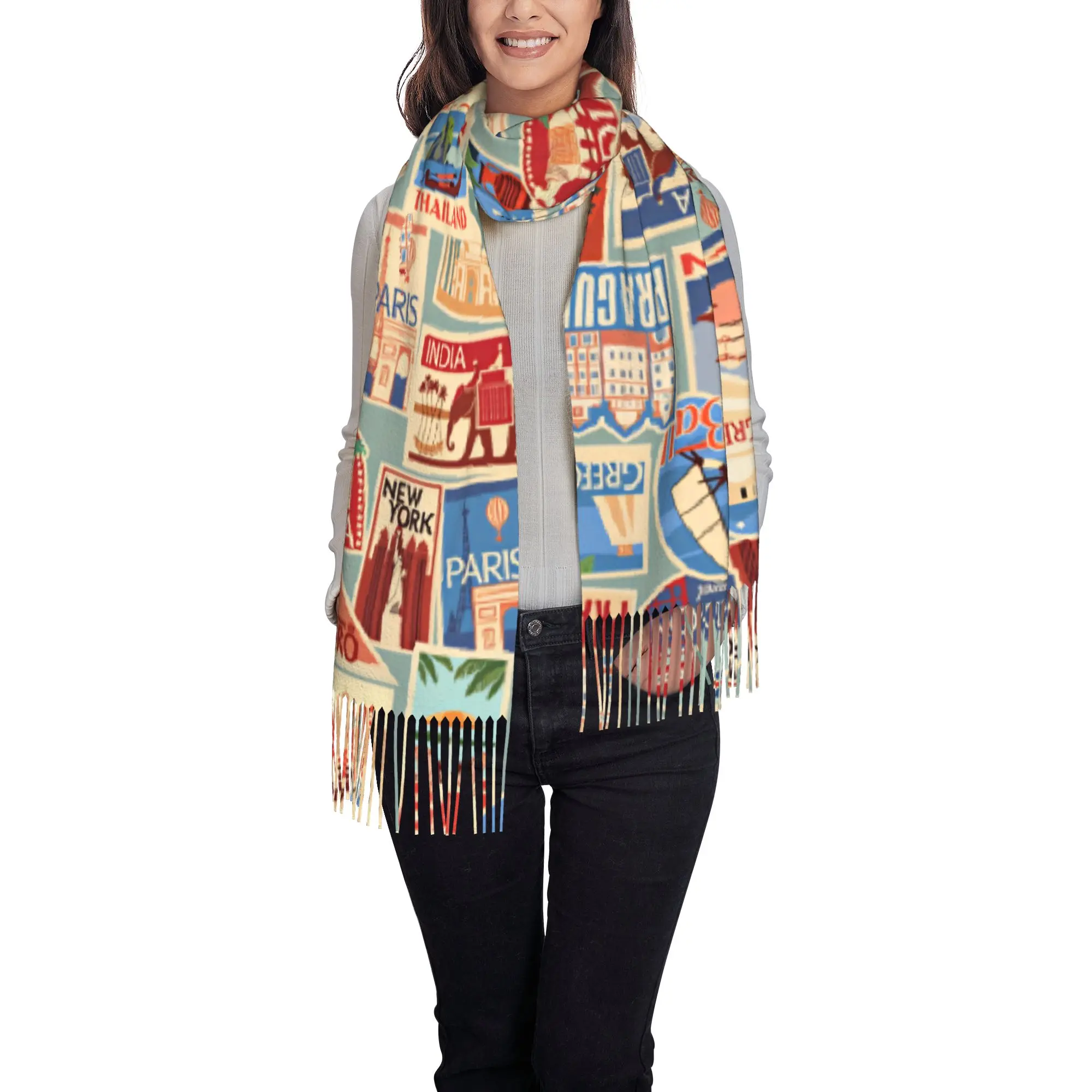 Custom Vintage World Travel Landmark Collage Print Scarf Wrap Women Long Winter Warm Tassel Shawl Unisex  Scarves