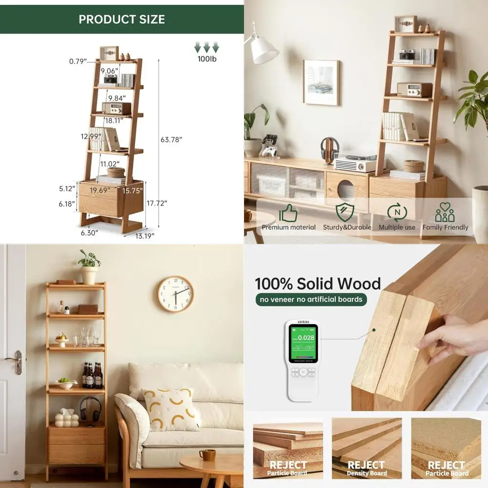 

5-Tier Solid Wood Ladder Bookshelf, Tall Narrow Storage Unit, 63.78 High Display Shelving for Living Spaces