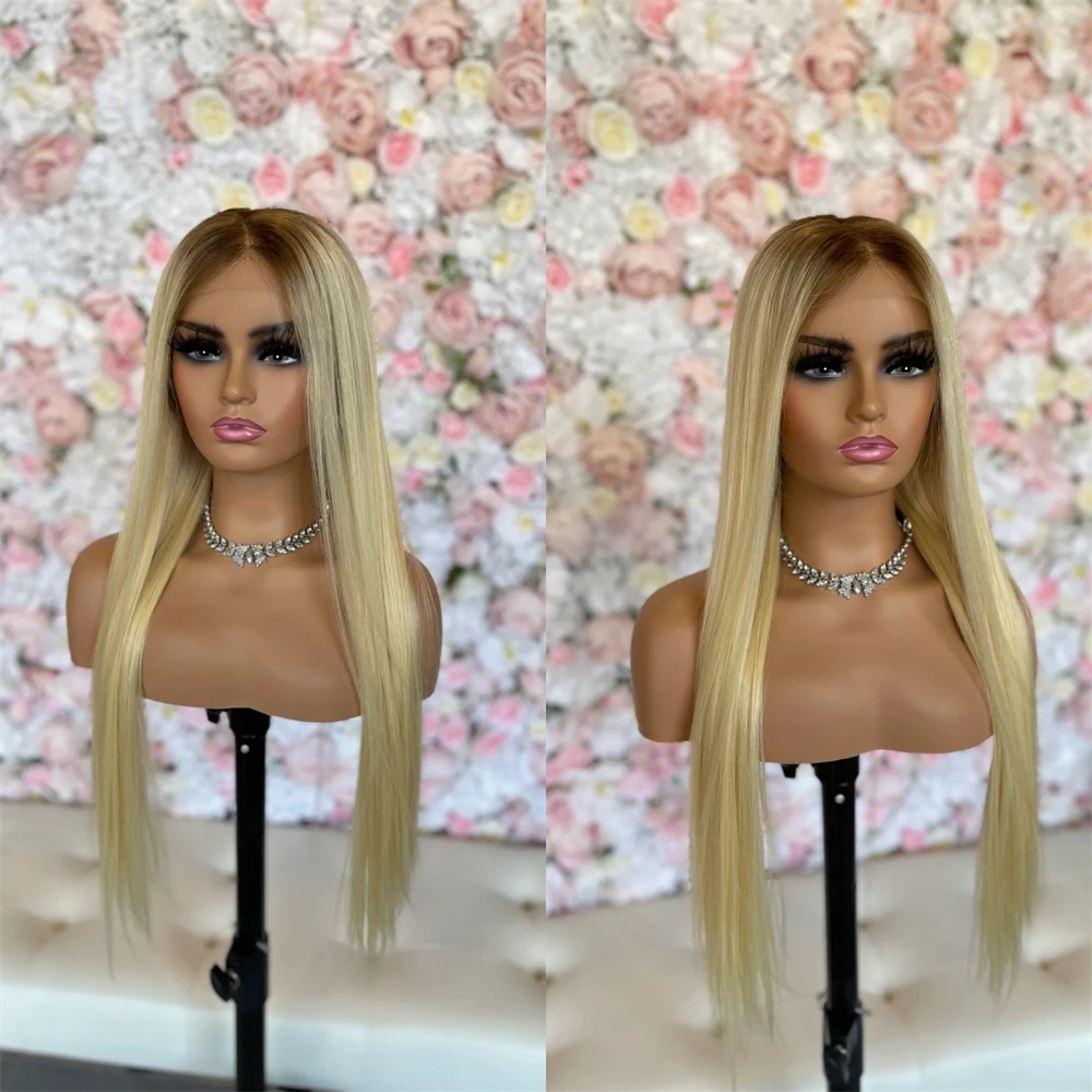 13x4 Golden Blonde Synthetic HD Lace Front Wig with Roots High Quality Heat Resistant Fiber Wig 30 Inch Soft Long Straight Wig