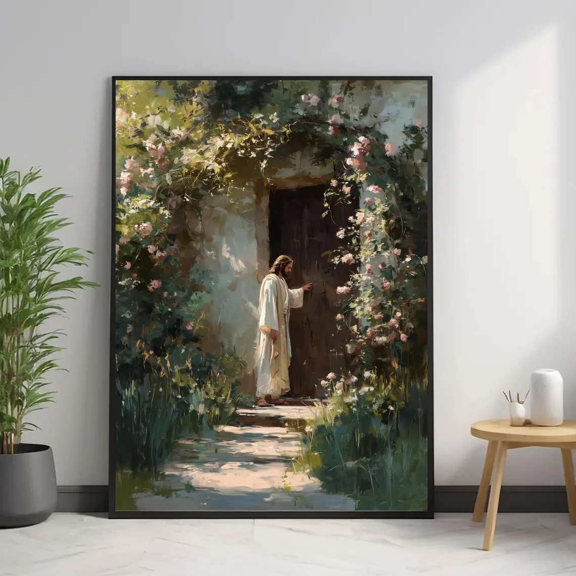 Jesus Knocking on Door Bible Verse Wall Art - Vertical Christian Religious Canvas Painting, Modern Classic Jesus Christ Knocking
