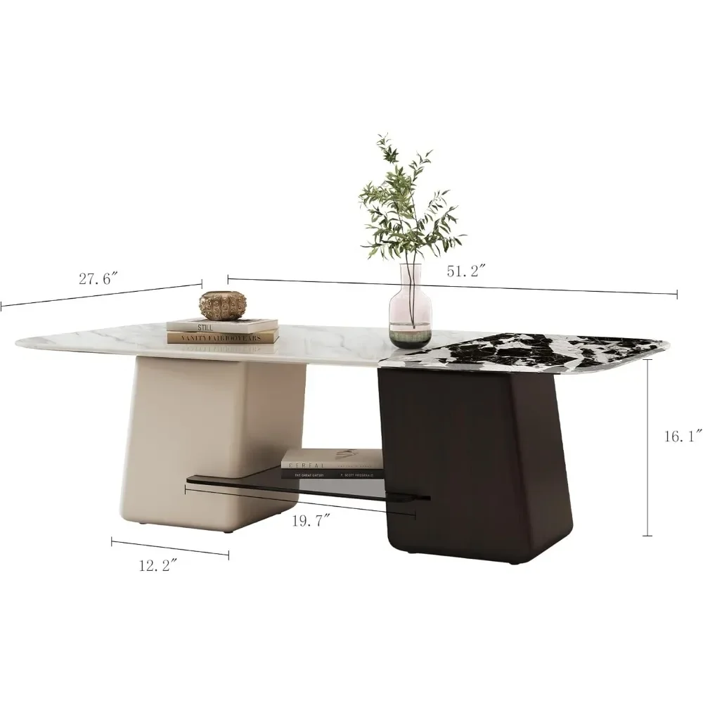 Mesa de centro de pedra de 51,2", mesa de centro de mármore com tampo sinterizado e base de madeira, mesa de centro moderna retangular para sala de estar,