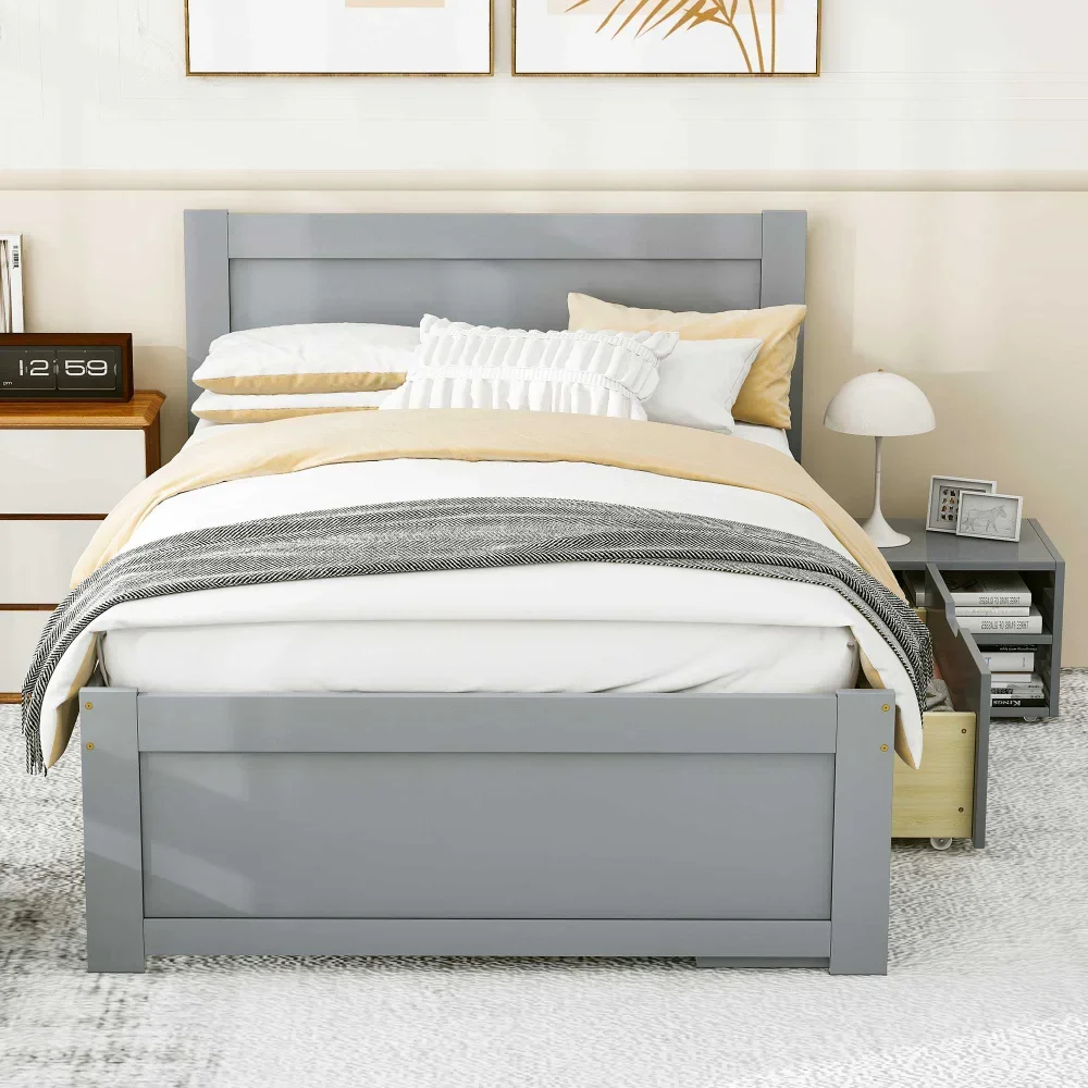 

Modern wood twin size Children Beds, Twin Size Platform Bed Frame with Storage Shelves and Drawer for Kids Room