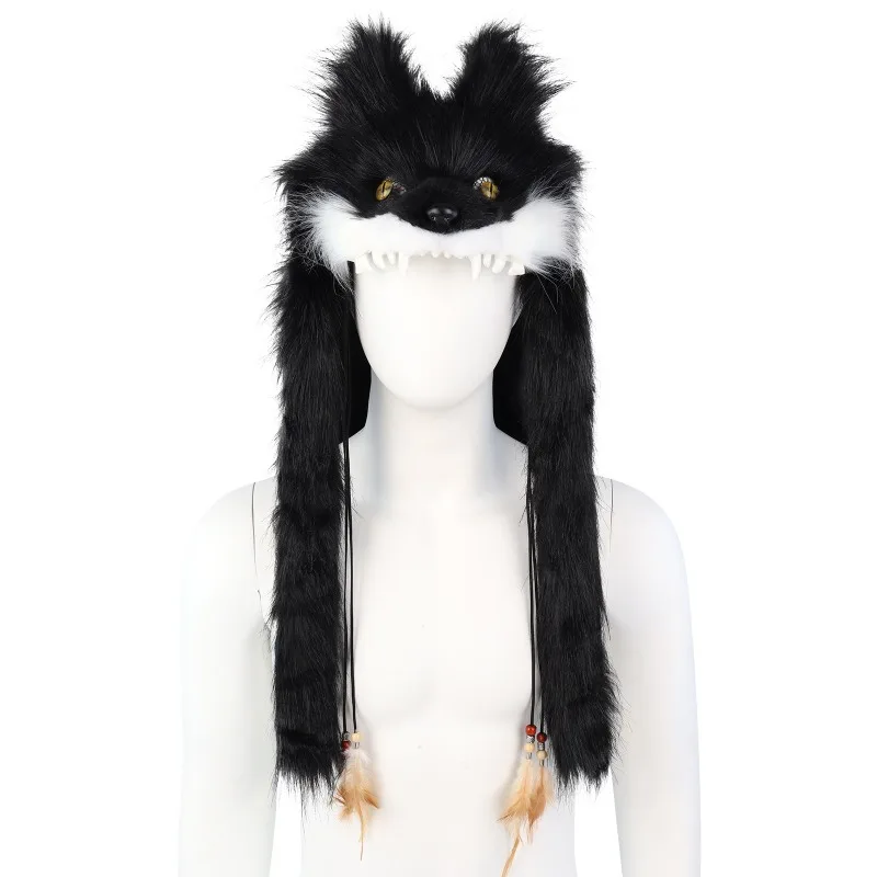 Wolfsmaske aus Kunstfell, Tierkopfmaske in Form eines Wolfs oder Fuchses, Plüsch-Cosplay-Kostümzubehör für Halloween-Partys und Rollenspiele, weiches, flauschiges Outfit. – Detail 1