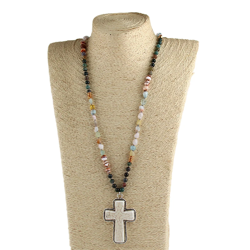 RH Fashion Jewelry Accessory 6mm Natural Stones Beads Knotted  Cross Charm Pendant Necklaces For Festival Gift Dropship