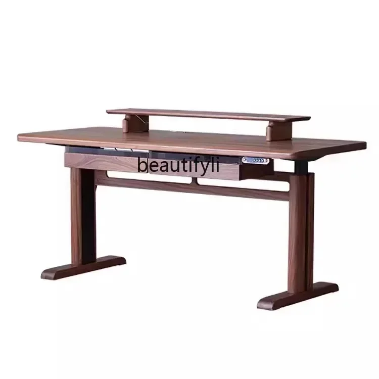 Y North American black walnut electric lifting desk solid wood smart office computer desk dual motor e-sports table