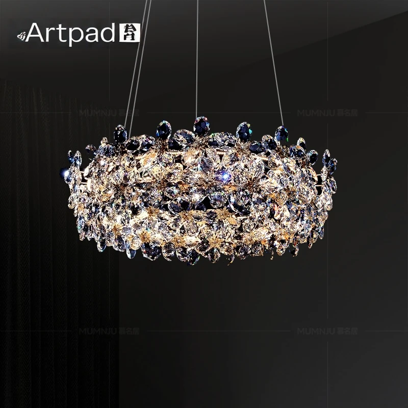 

Luxury Gold Chandelier K9 Crystal Flowers Pendant Lamp for Dining Room Hotel Hall Living Room Villa Decor LED Hanging Light