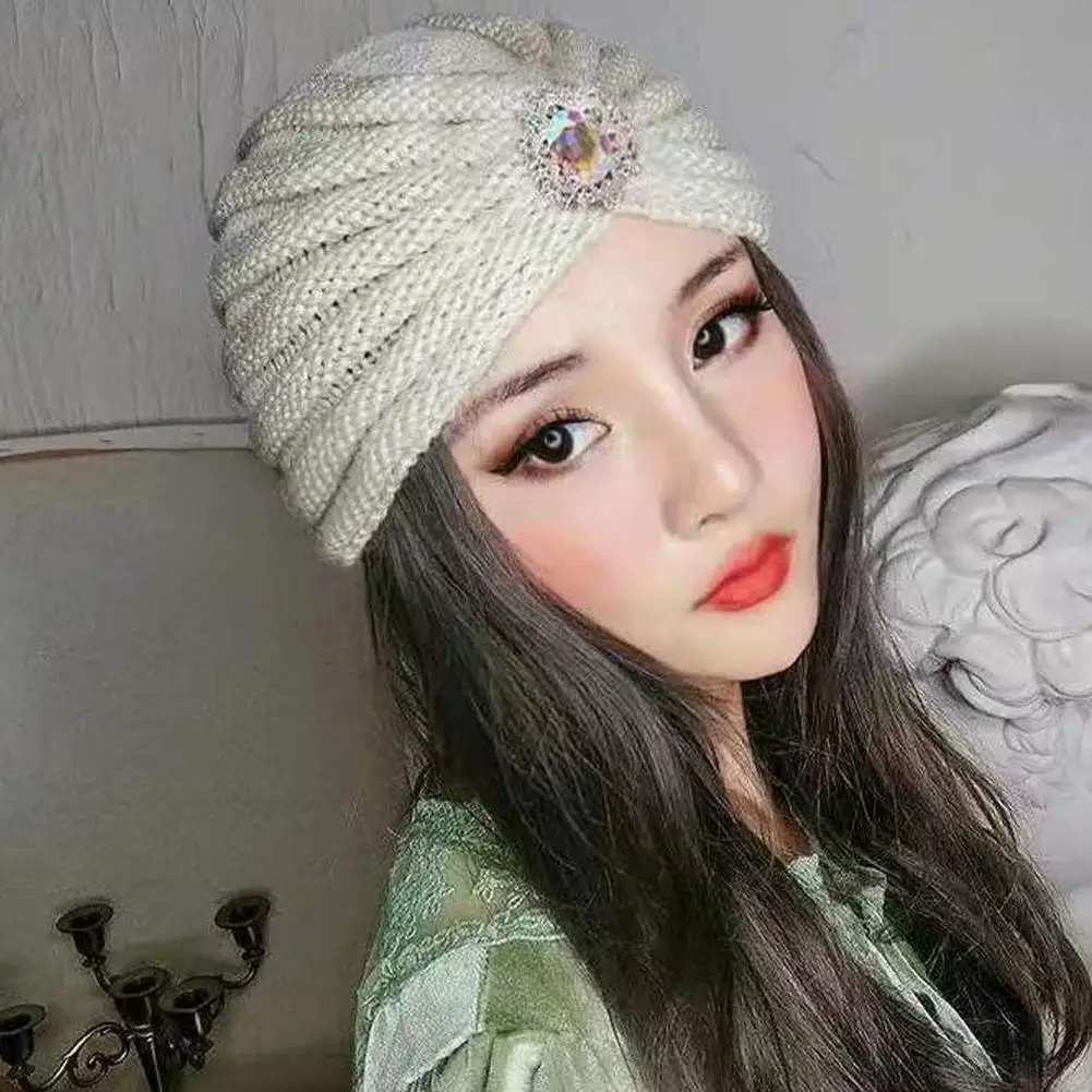 New Knitted Hat Set Thick Warm Skullies Beanies Hats For Women Ethnic Hat With Bits On Headband Earmuffs Hat