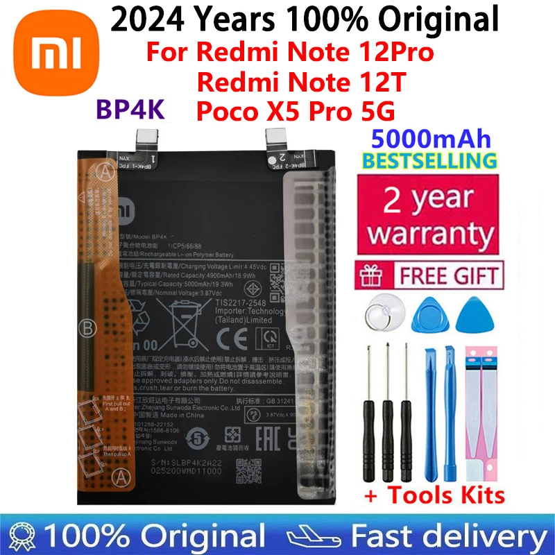 Replacement Battery BP4K for Xiaomi Redmi Note 12 Pro, 100% Original, High Quality, 5000mAh, 12T, Poco X50 Pro Batteries