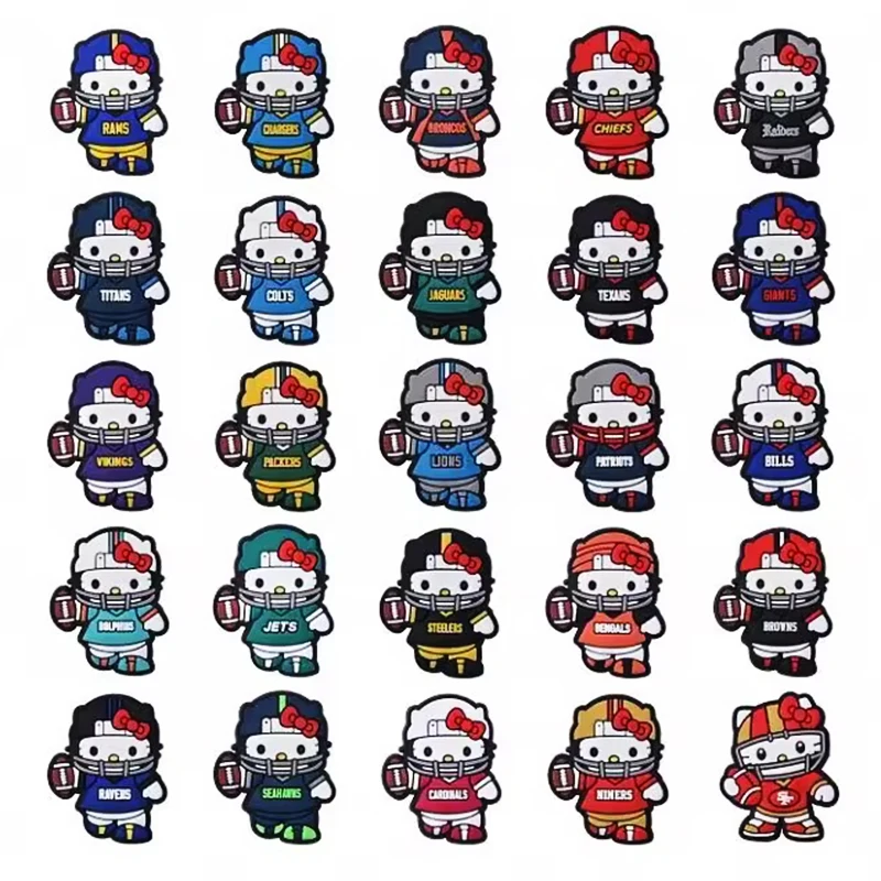 

25-200 шт. украшений для обуви в стиле регби с персонажами Hello Kitty, мультяшные подвески для сандалий, декоративные аксессуары из ПВХ для обуви, подарки на Рождество и день рождения