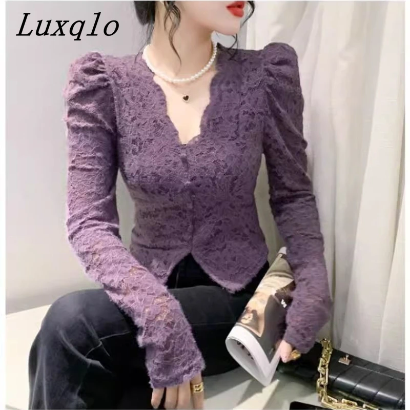 Blusa de manga larga de encaje púrpura con cuello en V para mujer, camisa informal Simple de moda, Top adelgazante, versión coreana, Luxqlo