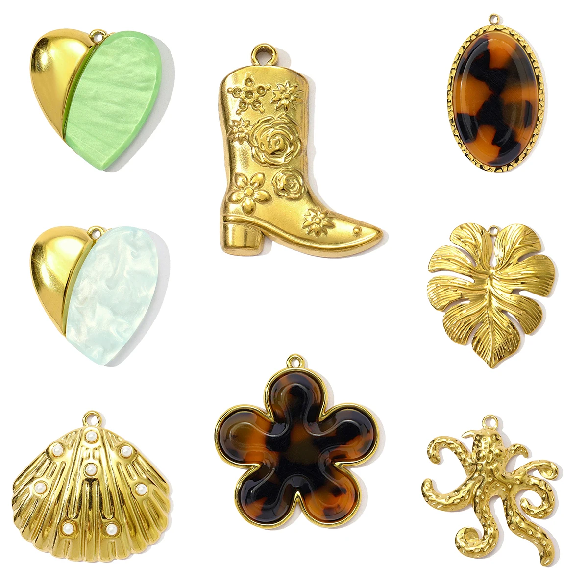 3Pcs/Lot Stainless Steel Shell Charms Heart Flower Resin Pendants For DIY Making Bracelet Necklace Jewelry Accessory Wholesale