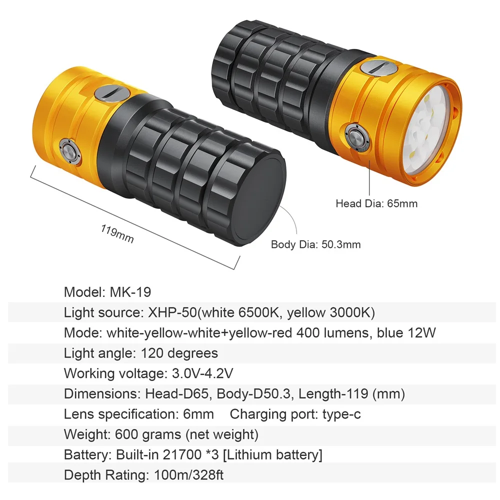 Seafrogs MK-19 Professional Diving Flashlight Underwater Diving Strobe Light 11000LM 100m Waterproof LED Photography Video Light