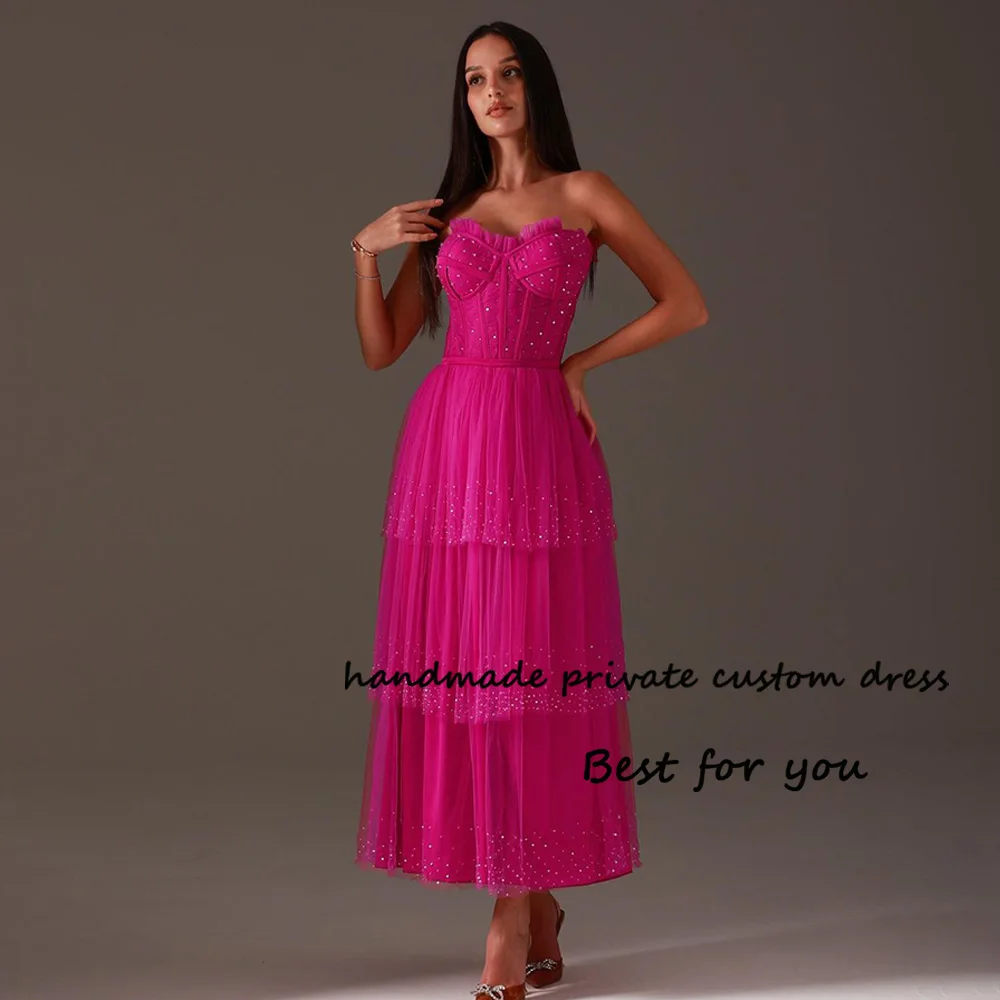 

Fuchsia Tulle Prom Dresses Sweetheart Corset A Line Evening Party Dress Ankle Length Fairy Prom Party Gowns Lace Up Back