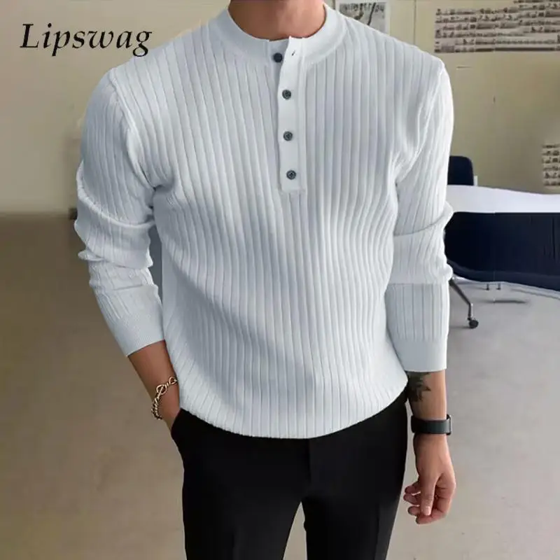 

Spring Fall Casual Long Sleeve Jumper Tops Men Vintage Buttoned Crew Neck Knitted Sweaters Mens Fashion Solid Color Slim Sweater