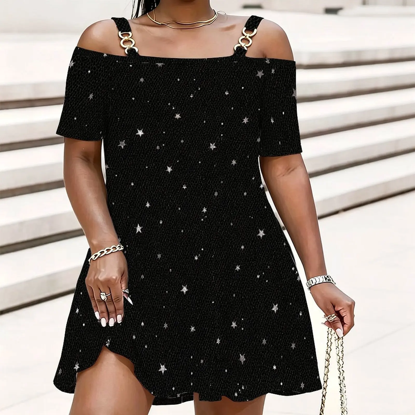 Women Black Silver Star Printed Cold Shoulder Short Sleeve Chain Strap Loose Top