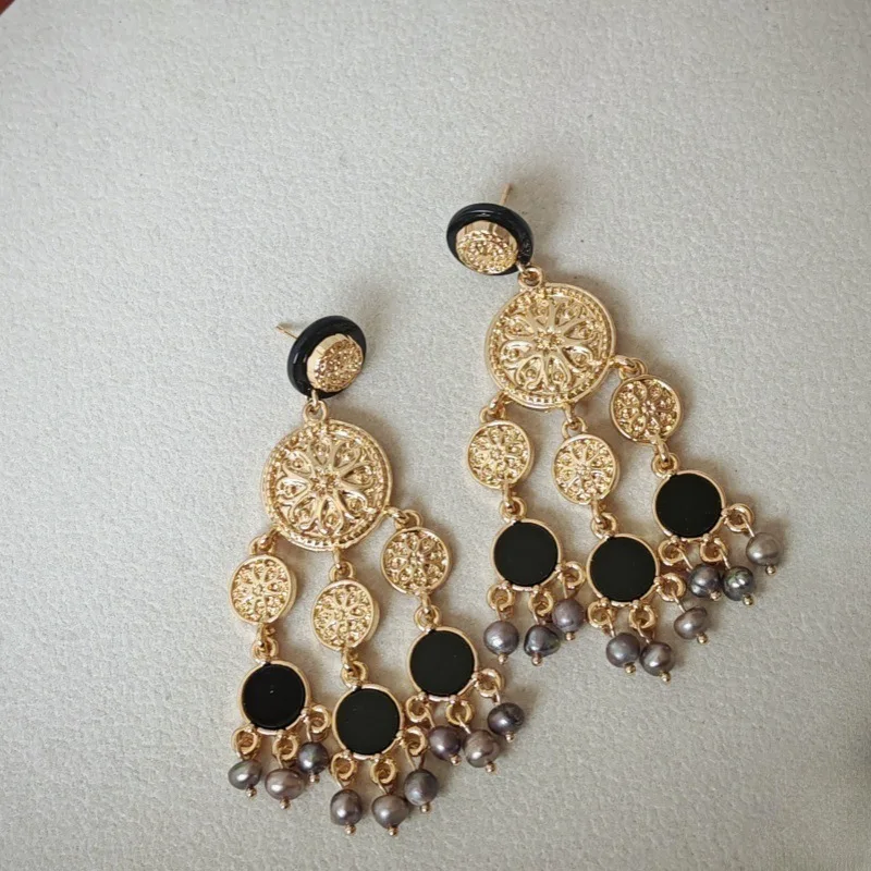 Women's French Natural Pearl Black Coin Tassel Exaggerated Midi Long Earrings Fashionable Jewelry Accessory