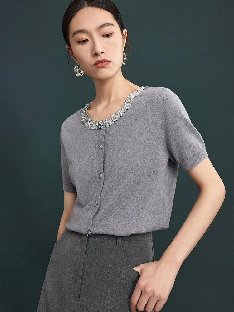 

Jiancha "Human Star River" U-Neck Sequin Knitted Open Cardigan Double-Sided Wear Regular Fit Short Sleeve Women's Knitted Swe...