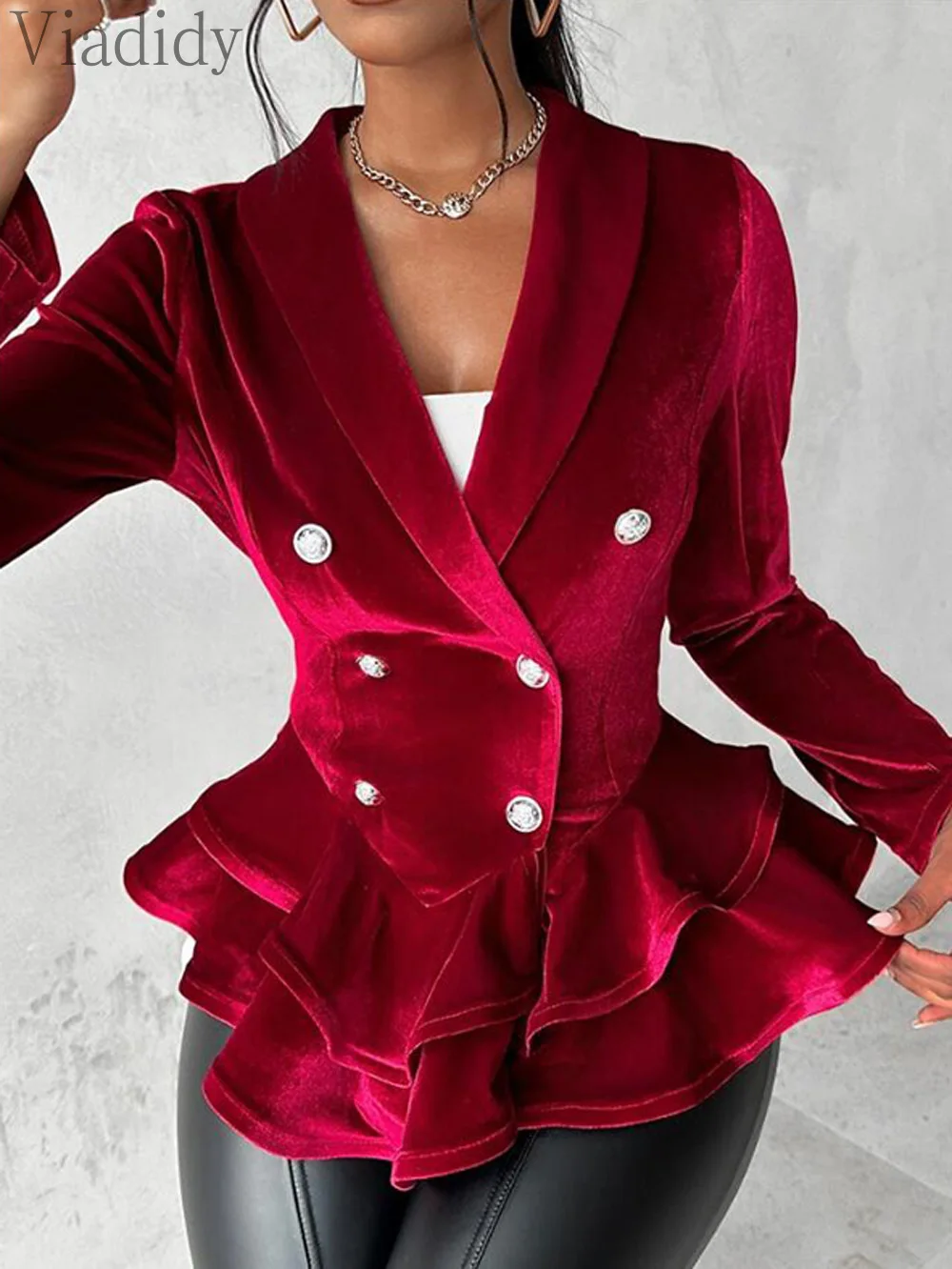 Women Casual Solid Color Double Breasted Velvet Ruffles Design Long Sleeve Blazer Coat