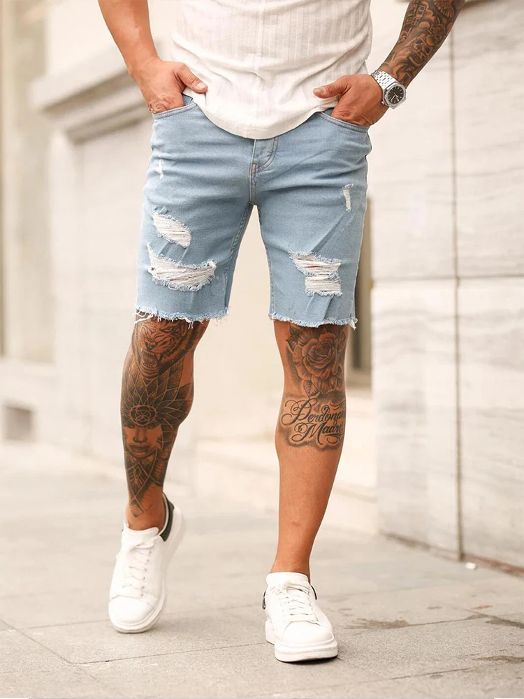 

Summer Ripped Shorts Jeans Men Hip-Hop Denim Pants Stretch Light Blue Fashion Design Slim Straight Male Short Jeans Hombre