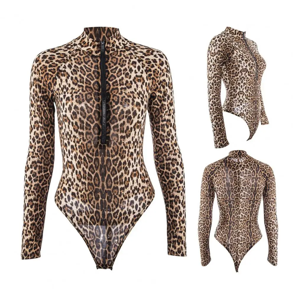 Women's Leopard Print One Piece Swimsuit Long Sleeve Stand Collar Surfing Swimwear Breathable Soft Skinny Playsuit Beachwear