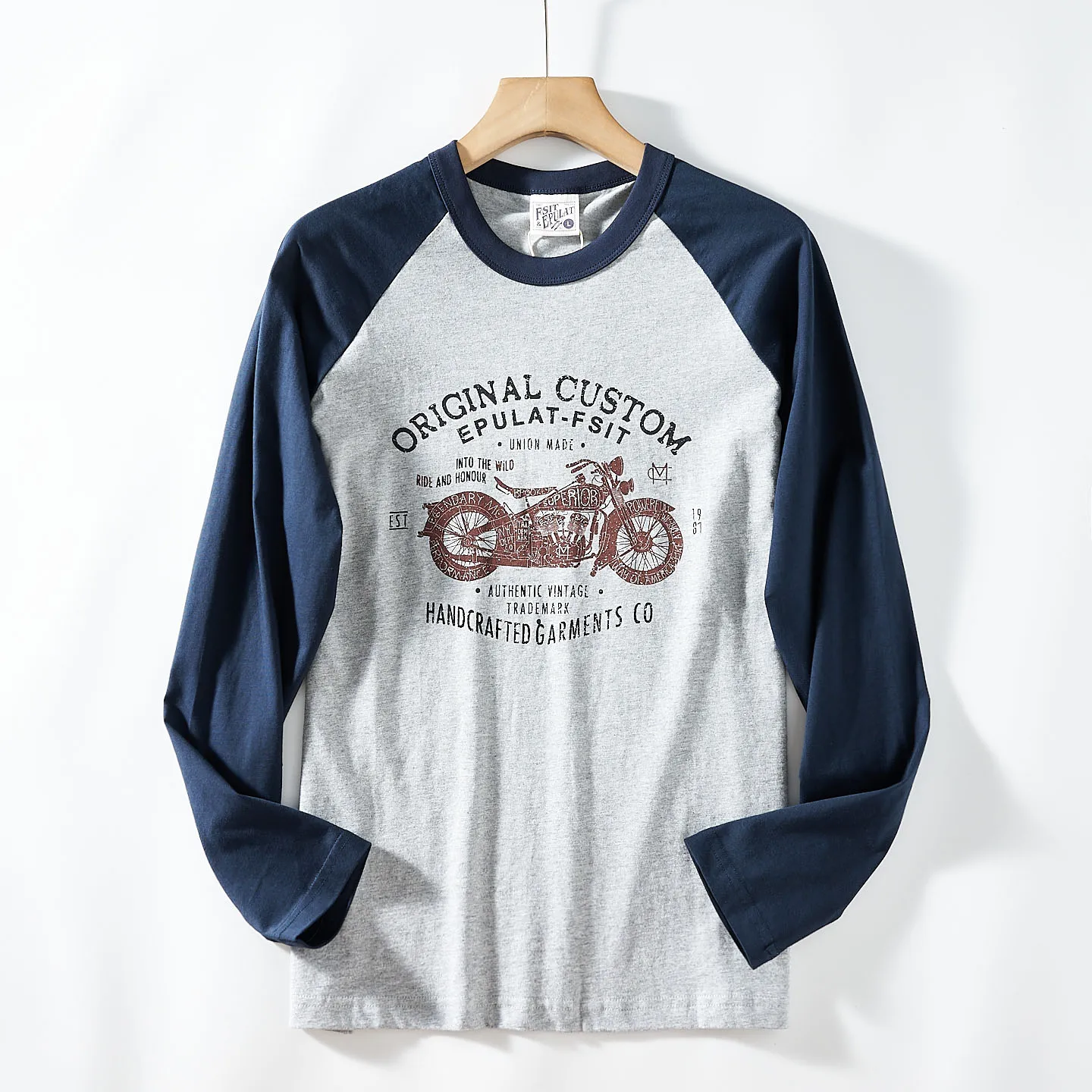 2025 Autumn New American Retro Two Colors Splicing Motorcycle Printed T-shirt Men's Fashion 100% Cotton Washed Casual Sport Tops