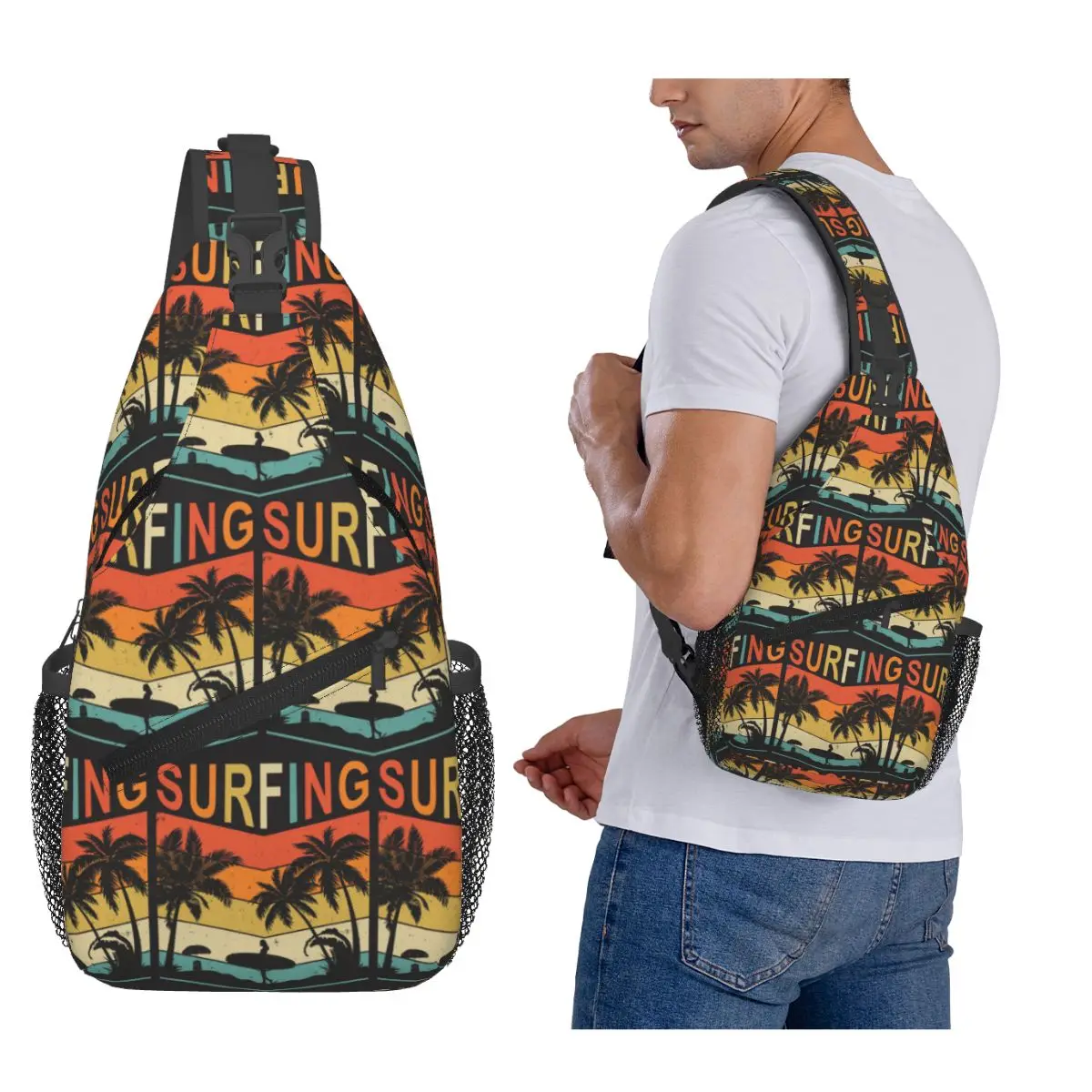 

Retro Surfing Cool Summer Beach Surfer Chest Bag Men Sling Crossbody Backpack Chest Bag Travel Hiking Daypack Shoulder Bag