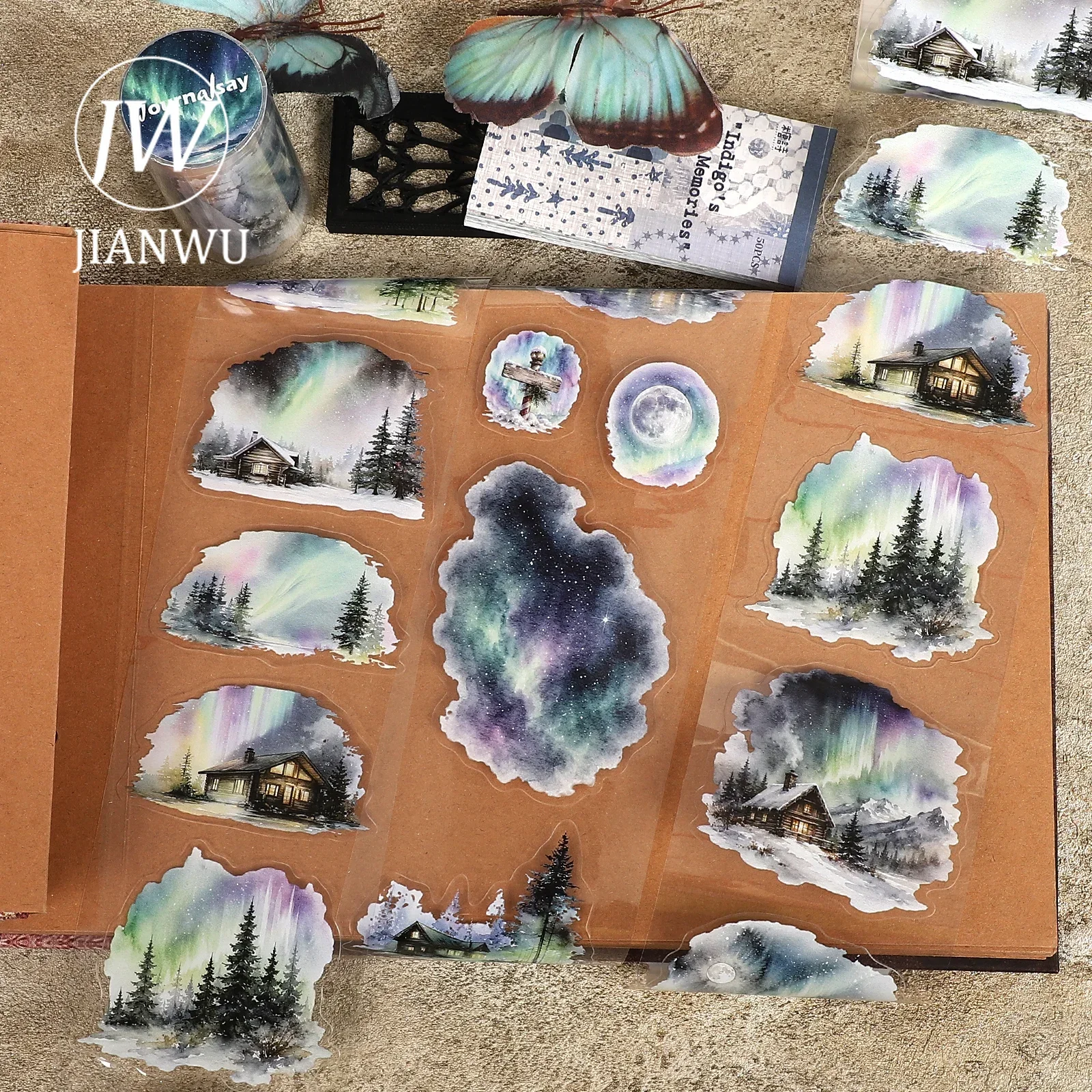 JIANWU 80mm*200cm Vintage Tree Town Aurora Landscape Material Collage Scrapbooking PET Tape Creative DIY Journal Stationery