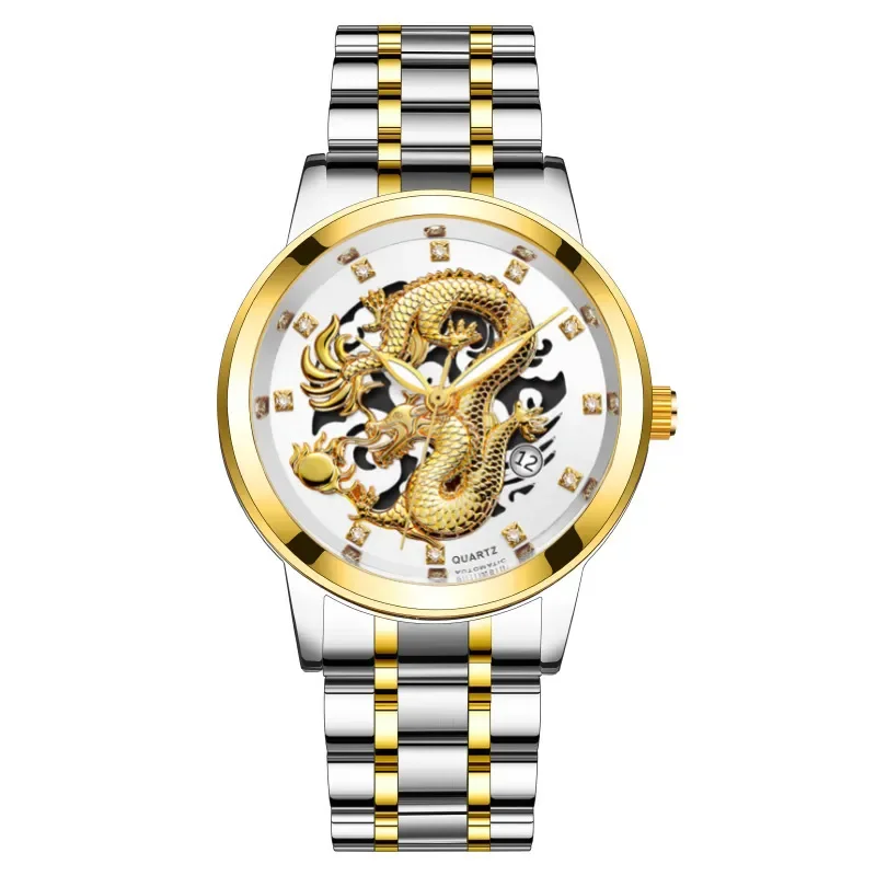 2023 Fashion Gold Dragon Watch Men Luxury Business Casual Watches Stainless Steel Auto Date Quartz Wristwatches Men Montre Homme