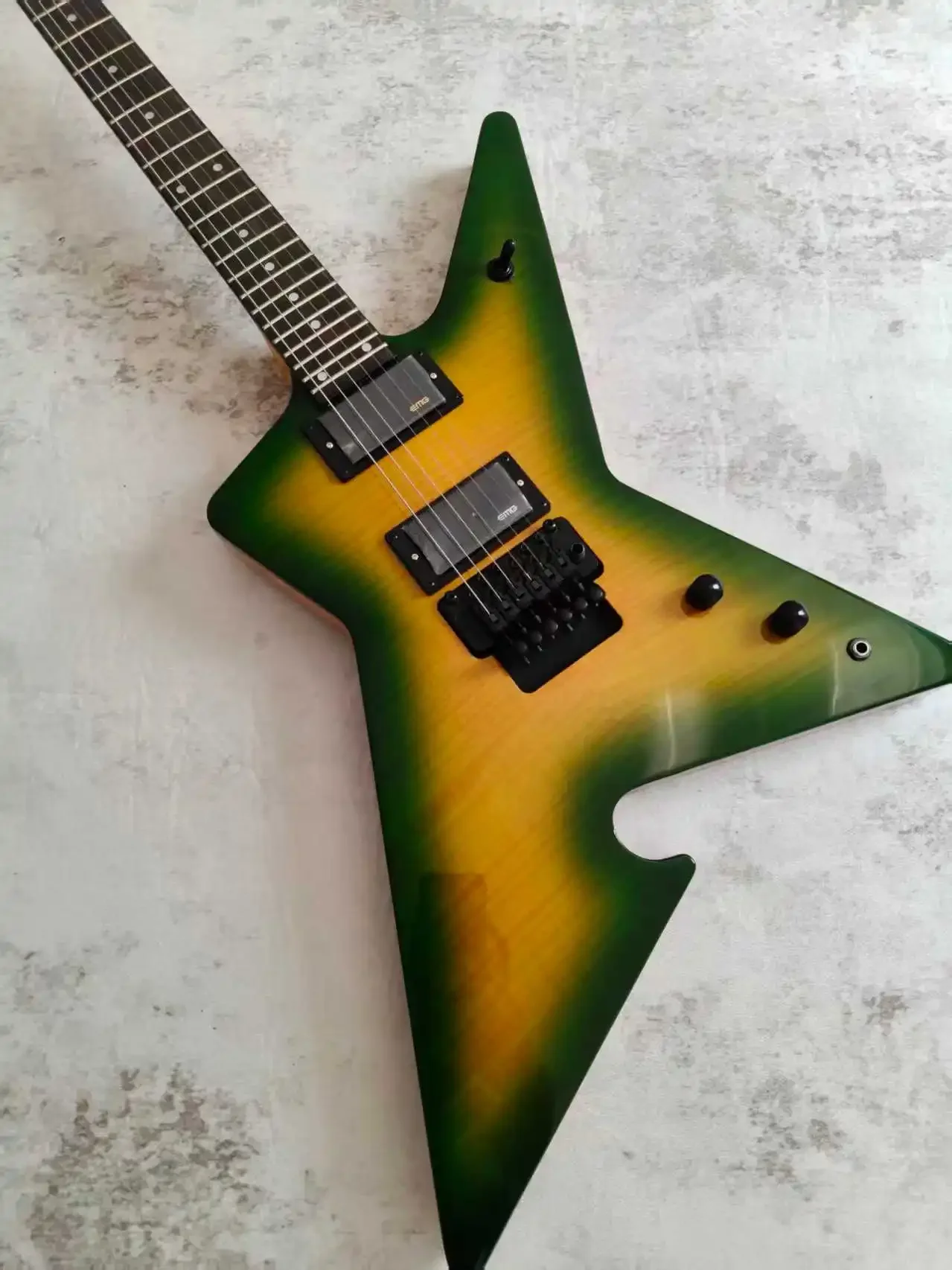 Custom Green Ring Yellow Tiger Flame Irregular Pattern Electric Guitar, Chrome Hardware, Floyd Rose Tremolo