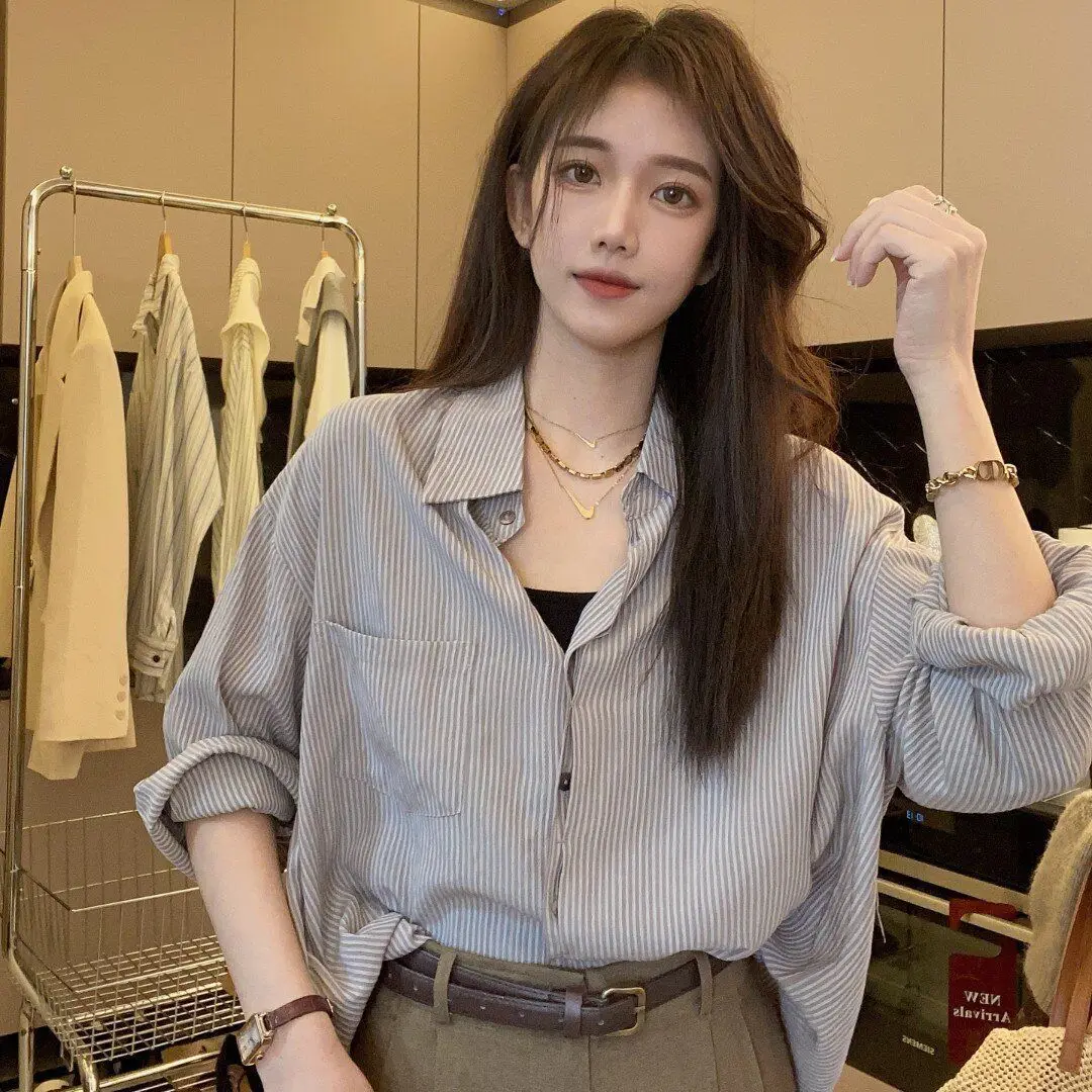 Hong Kong Style Chic Striped Shirt Women Polo Collar Long Sleeve Spring and Summer Korean Loose Versatile Sun Protection Top