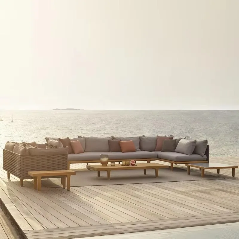 Modern Teak Printed Sofa Set for Hotel Outdoor Patio Garden Balcony Waterproof UV-Resistant Anti-Corrosion Wicker Furniture