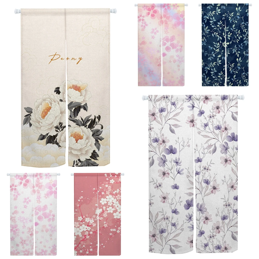 Flowers Floral Japanese Door Curtain Peony Cherry Blossom Print Bedroom Privacy Partition Kitchen Living Room Entrance Curtain