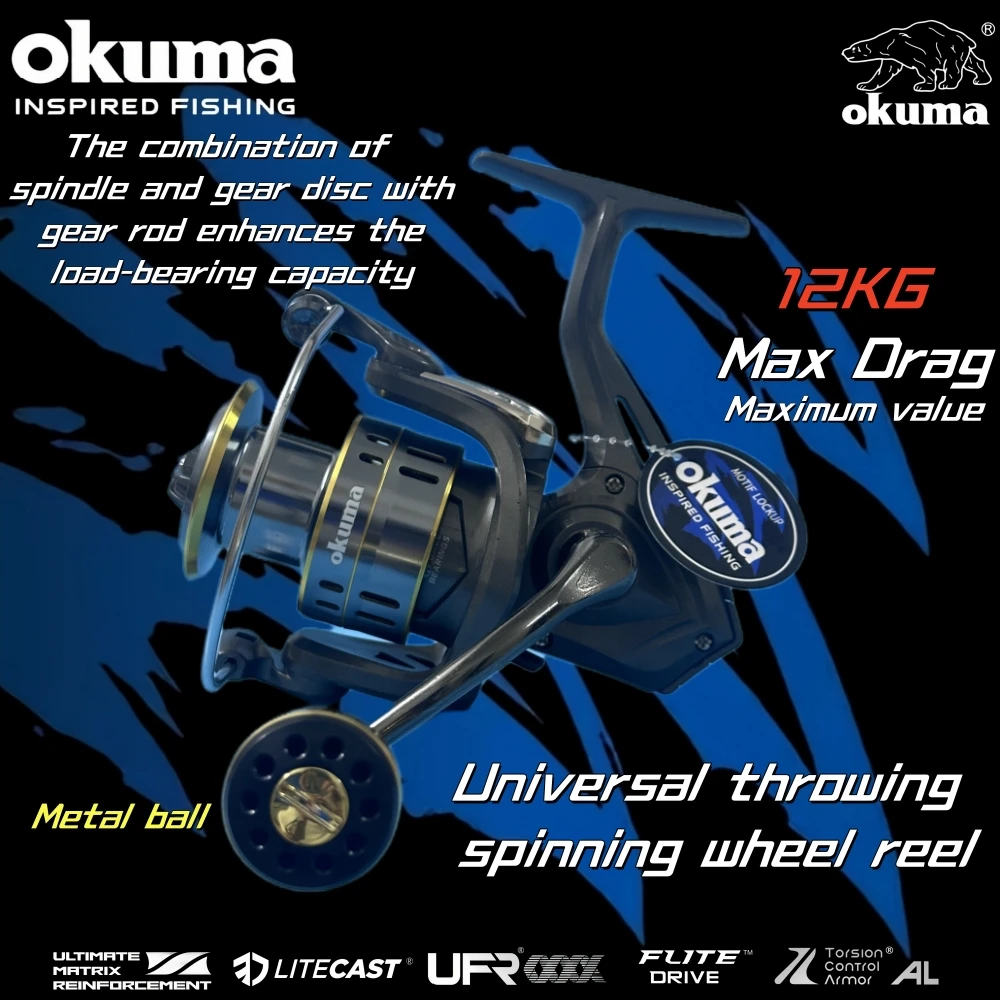 OKUMA kołowrotek spinningowy kołowrotek ultralekka metalowa szpula lekki sprzęt 12KG Max Drag, kołowrotki do dalekiego rzucania na słonej wodzie