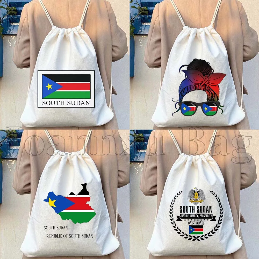 

South Sudan National Flag Map Patriotic Gifts Canvas Drawstring Bags Soccer Backpack Sackpack String Bag for Hiking Sports Yoga