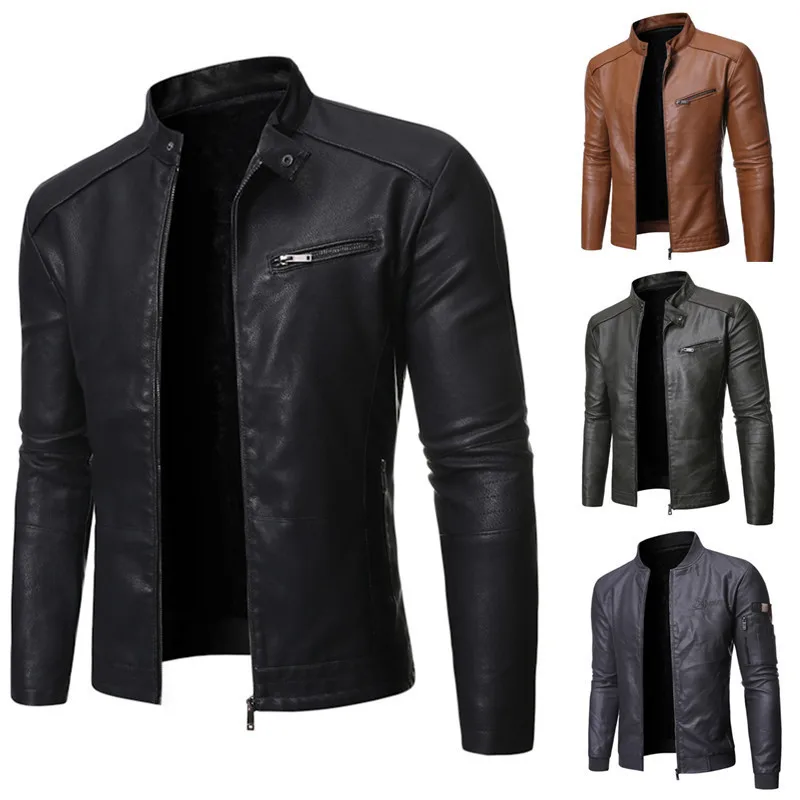 Men's Motorcycle Leather Jacket Autumn Winter Stand Collar Biker Jacket Korean Fashion PU Leather Coat Slim Fit Men's Outerwear