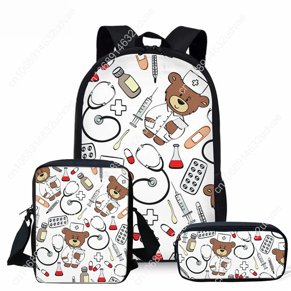 Imagem -02 - Cartoon Urso Enfermeira Padrão Mochila Escolar para Meninas e Meninos Primária Estudantes Bolsa de Livro com Almoço Comida e Pen Grupo Pcs