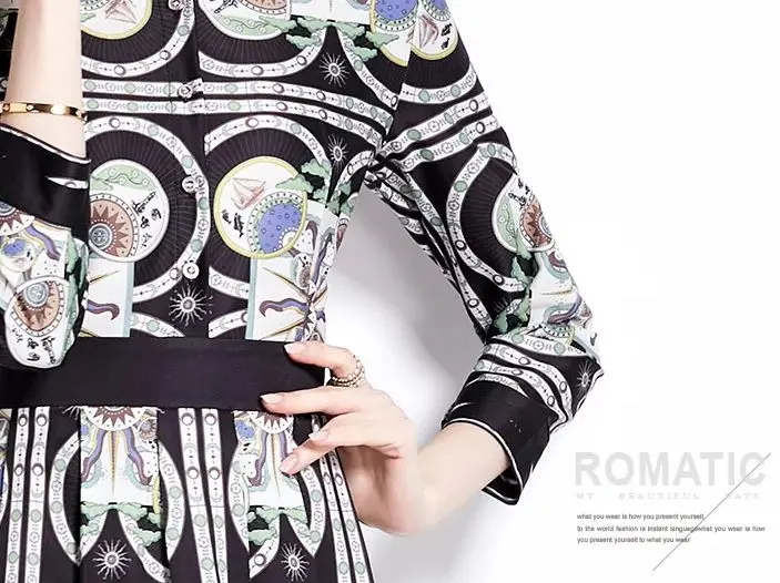 Autumn Fashion Geometry Print Shirt Dress Women's Runway Turn Down Neck Long Sleeve Vintage Pleated Midi Party Vestidos