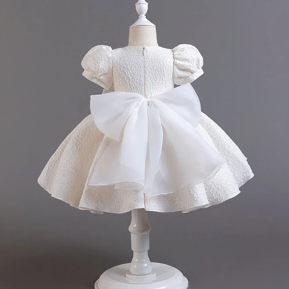 Super Pearl Bow Girl Kid's Dress Puff Sleeve Princess Jacquard Flower Infant Dress Gown Christmas Party Clothes 1-6 Years