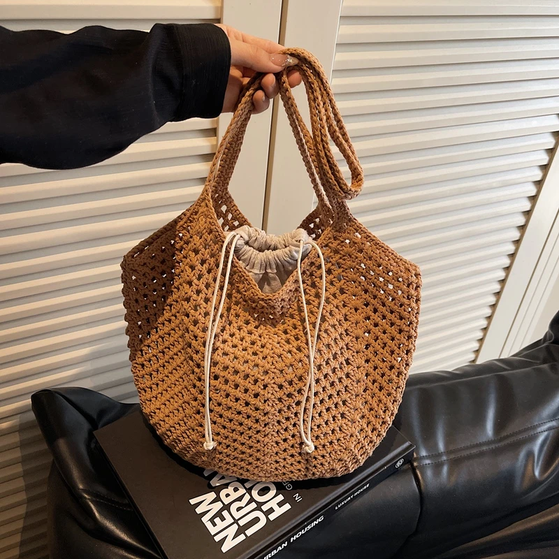 

Summer Large Capacity Beach Shoulder Bag Cotton Thread Hollowed Out Woven Women's Lightweight Tote 2-IN-1 Shopper Shopping Bag