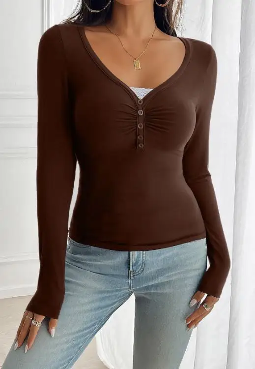 

Autumn Casual V-Neck Lace Patchwork Collar Tight Long Sleeved T-Shirt for Women, Sexy and Pure Desire Style Long Sleeved T-Shirt