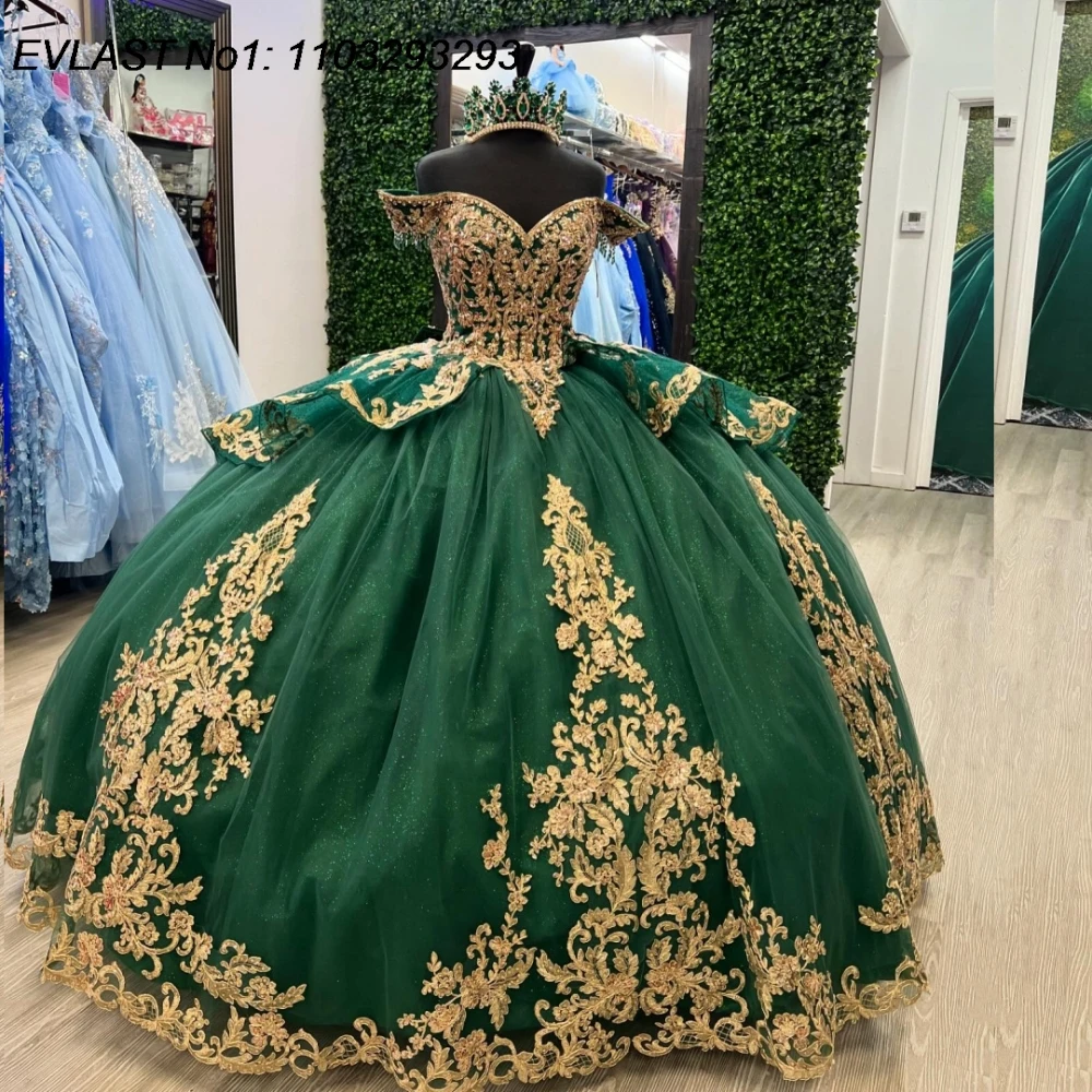 EVLAST Customized Glitter Green Quinceanera Dress Ball Gown Gold Lace Applique Beading Mexico Sweet 16 Vestido De 15 Anos E1Q213