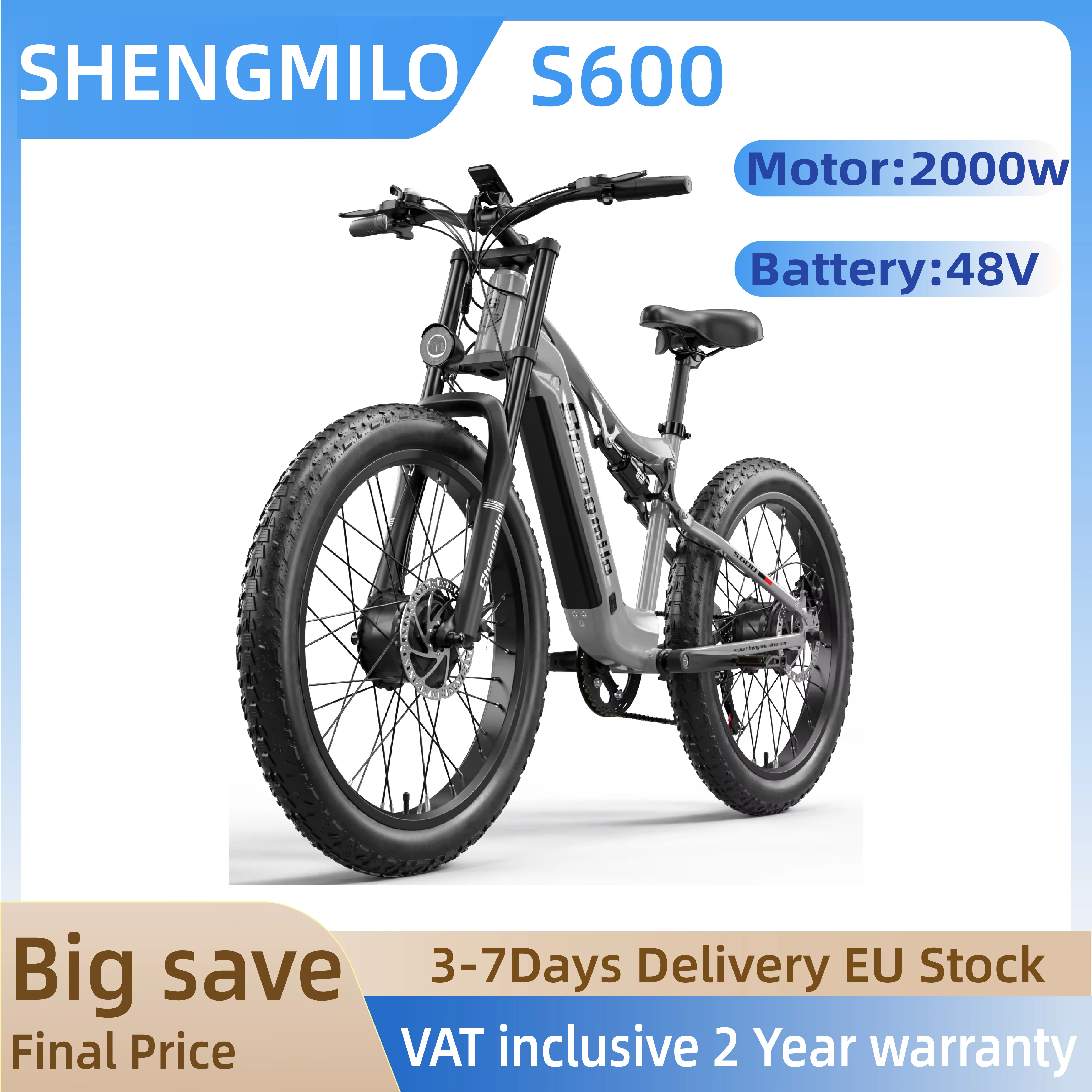 Shengmilo S600 الكبار 2000 واط دراجة كهربائية للرجال E-Mountain ebike مع محركين، بطارية 48V840WH، 26 "دراجة كهربائية بإطارات سميكة