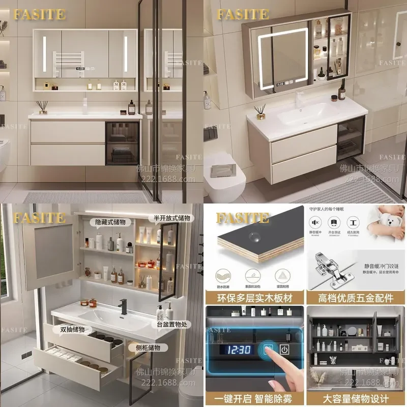 For Small Apartment Smart Bathroom Cabinet European Ceramic Integrated Basin Sink Vanity Unit Space Saving Modern Washbasin