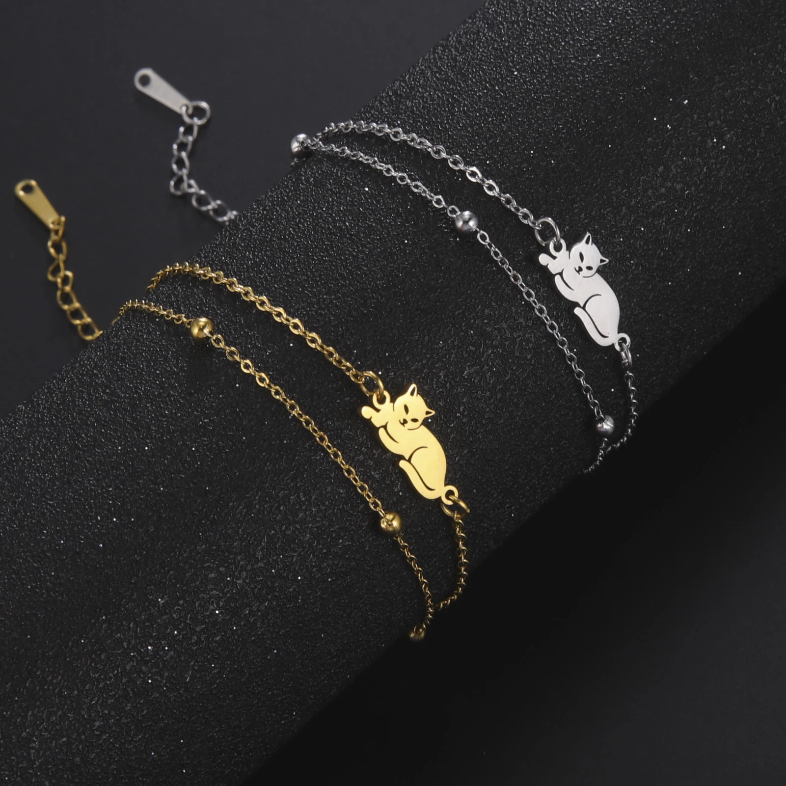 Creative Lying Cat Pendant Fashion Double Layered Beads Chain Stainless Steel Charm Bracelet for Women Aesthetic Animal Jewelry