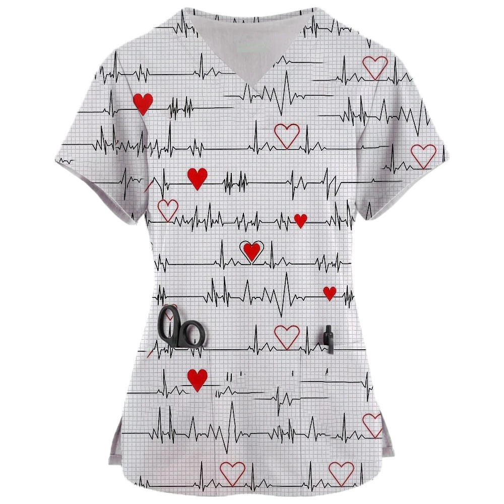 

High Quality Printed Nurse Scrub Tops Short Sleeve Tee Scrubs Uniform for Women Dentisit V-Neck Clothing Workwear Nursing Coat